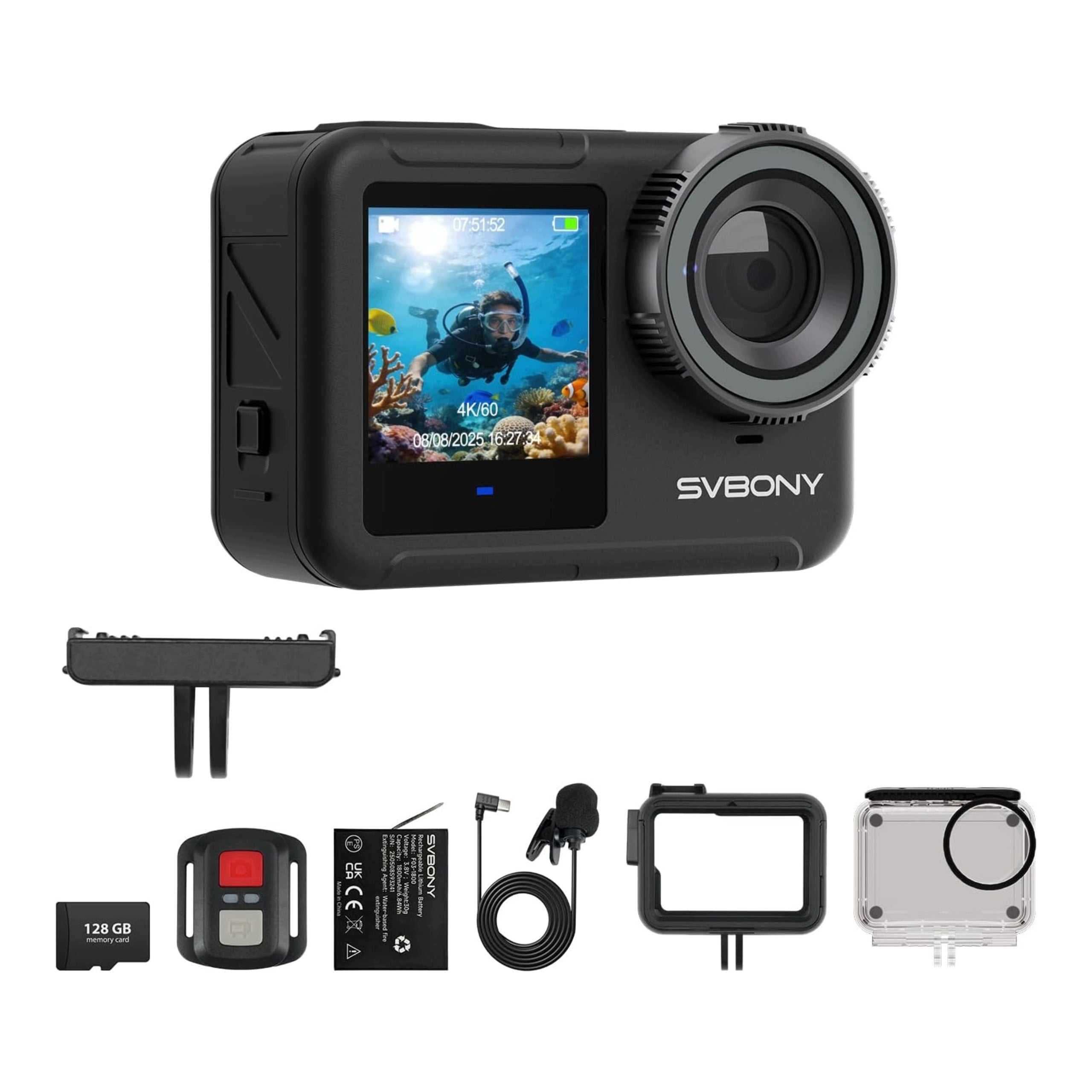 Sports Camera 4K 60fps Underwater Waterproof Up to 12m EIS Card 128GB
