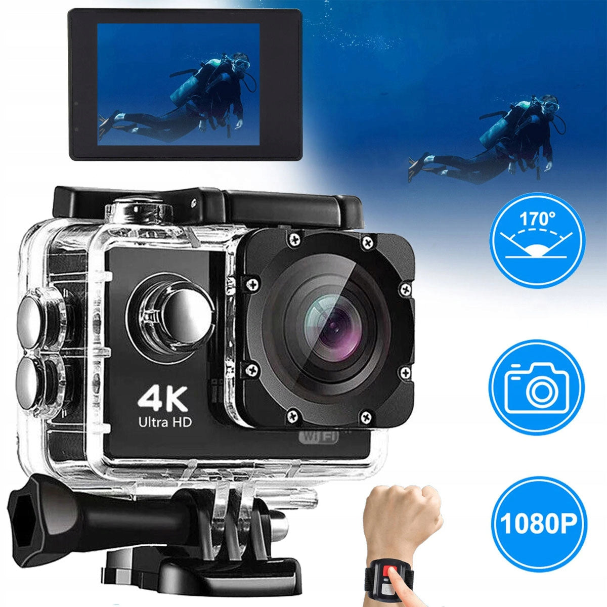 Sports Camera Full HD 4K 20MP WIFI Waterproof Handles 30m IP68