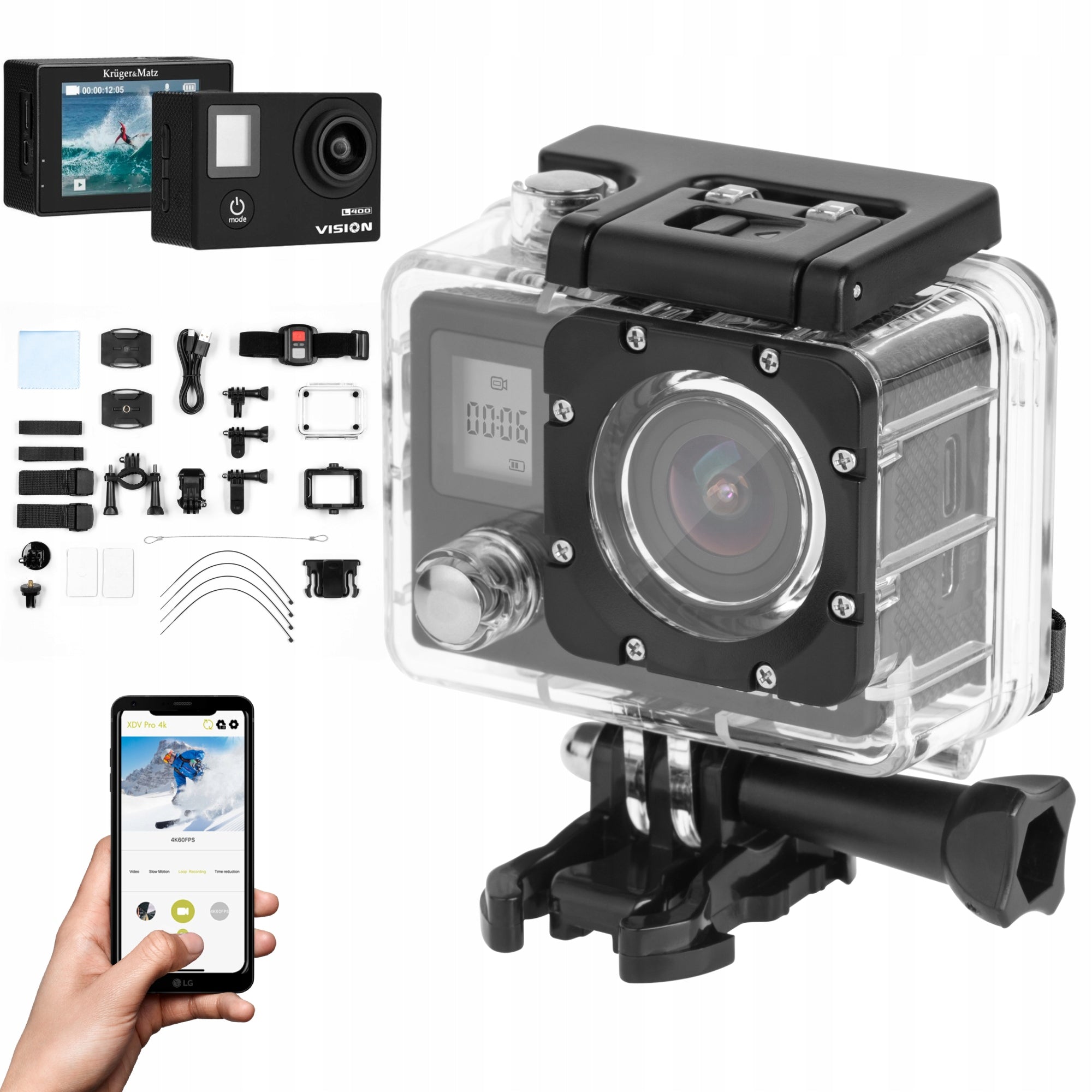 Sports camera 4K camera Kruger&Matz Vision L400 accessories remote control set