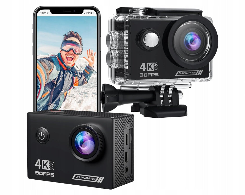 Sports camera 4K30 WiFi, 20 MP HD 170° with accessories