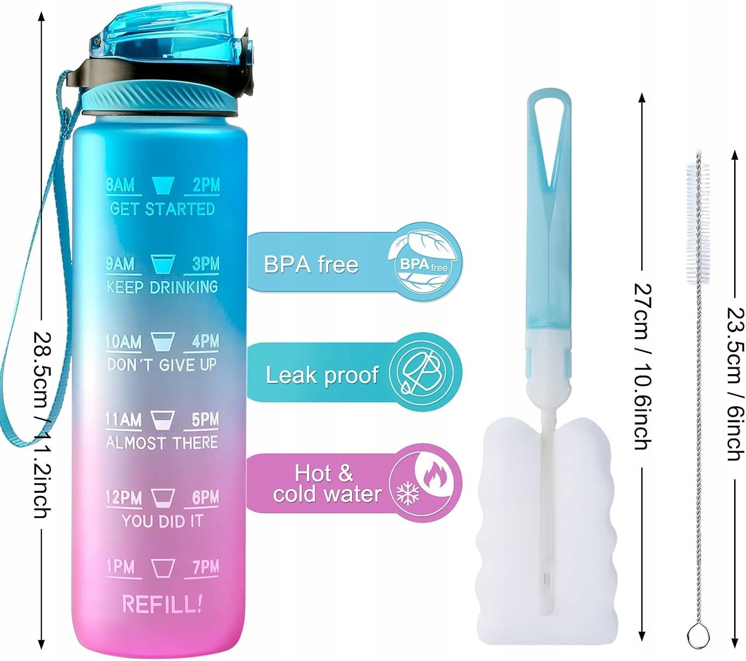 Sports water bottle 1L bottle with straw and time stamp akcesoria Color blue