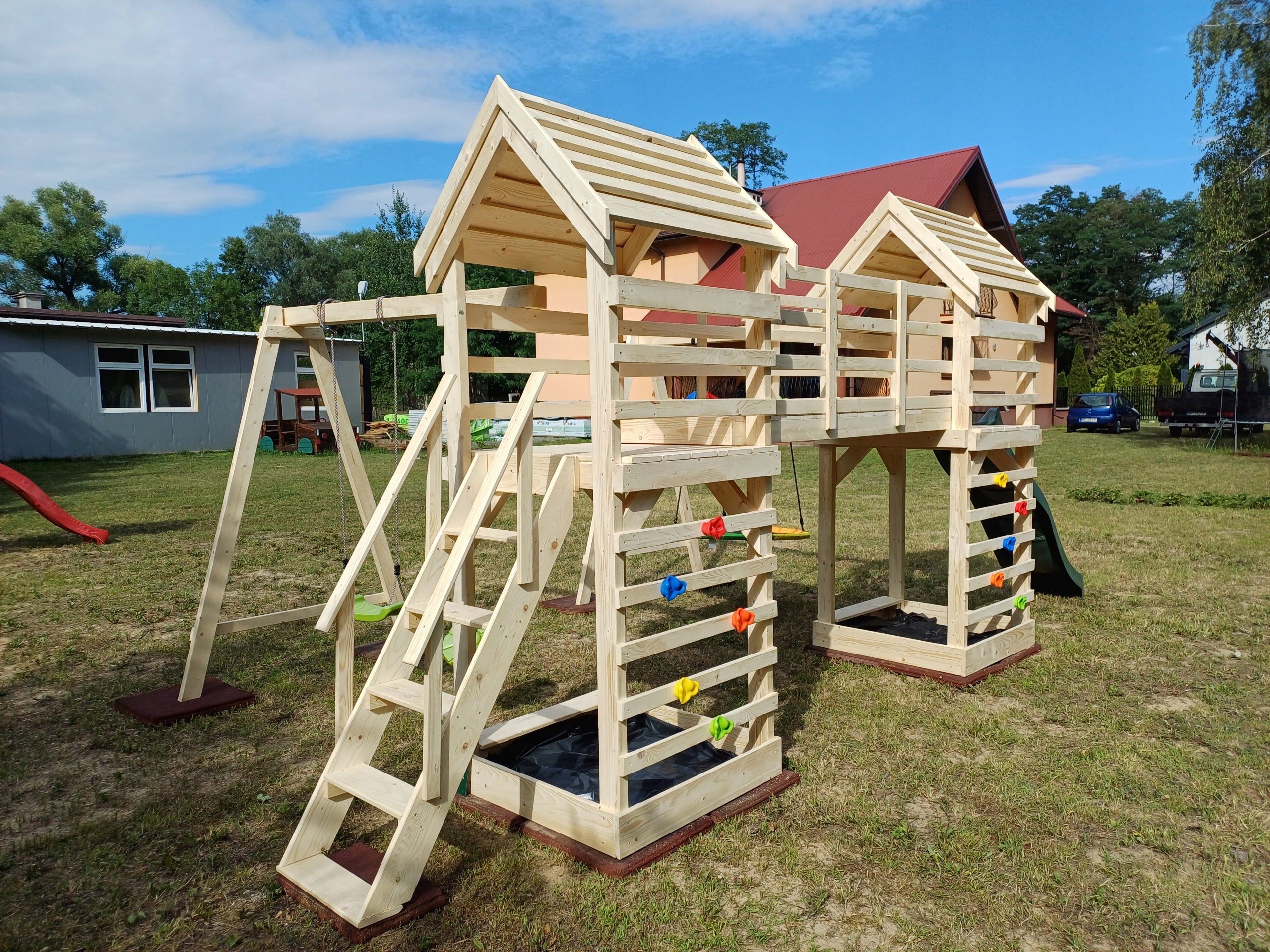 Square toys "FIELD"–house, sandpits, swings, bridge, towers-CHALKBOARD Product width 600 cm