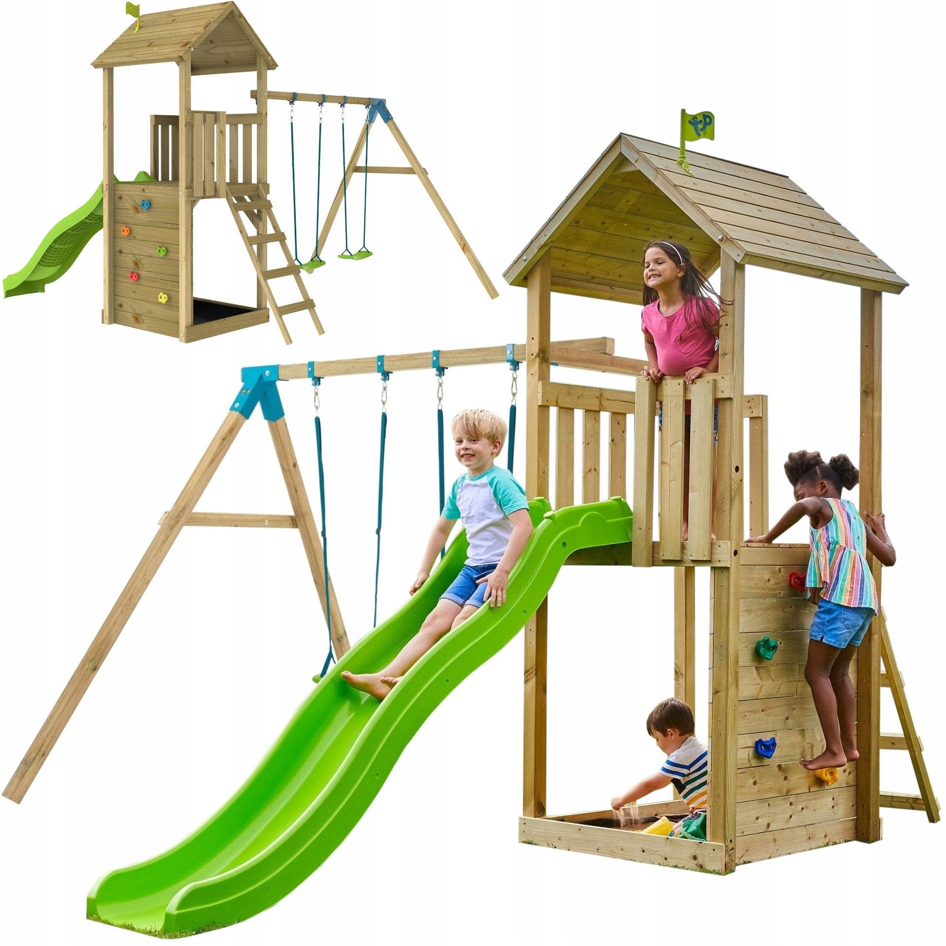 Square toys wooden TP Toys slide 2 swings sandbox wall