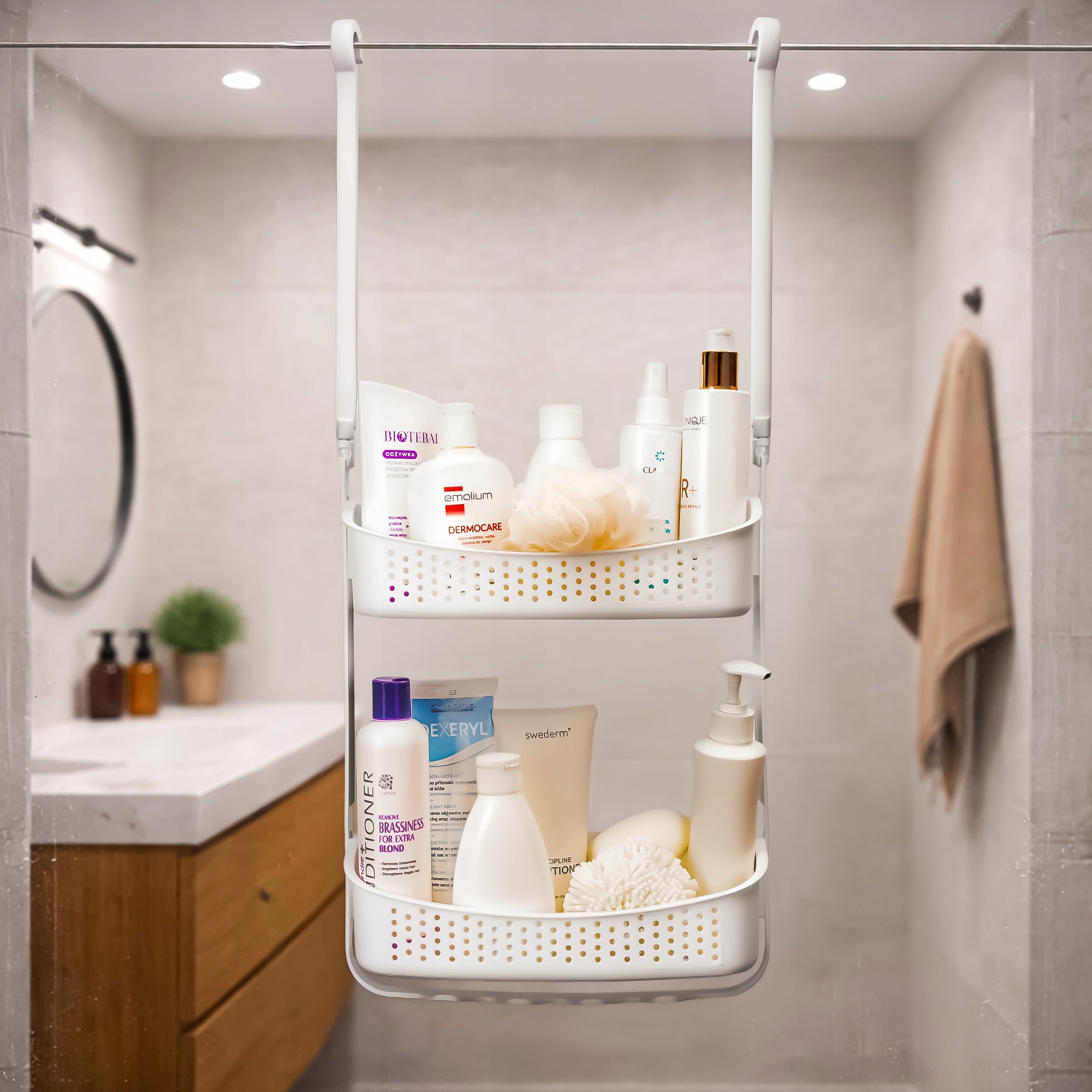Stainless Steel Cabin Hanging Bathroom Shelf for Cosmetics White Rubber Packaging status original