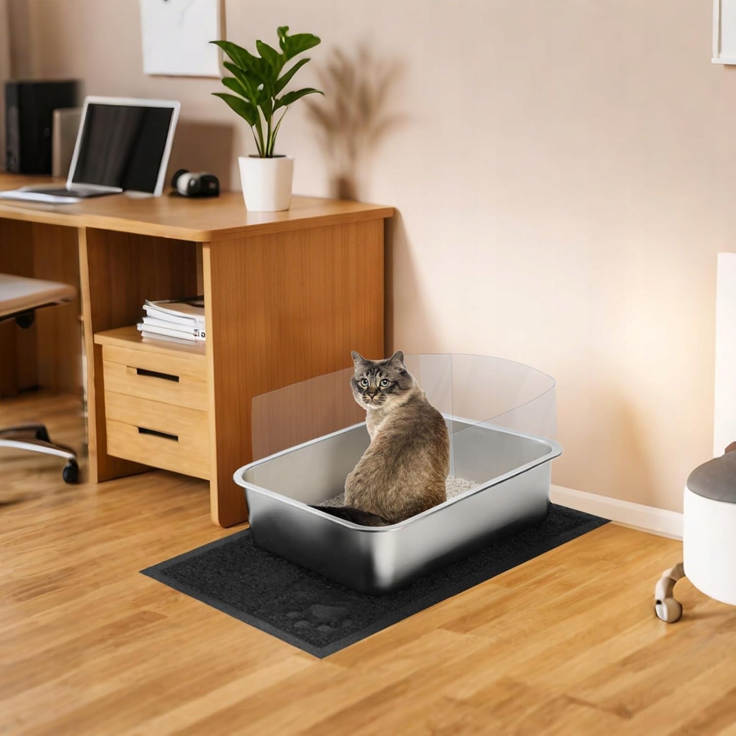 Stainless Steel Cat Cuvette Set Dustpan Mat Covered 45x35x15cm Color gray