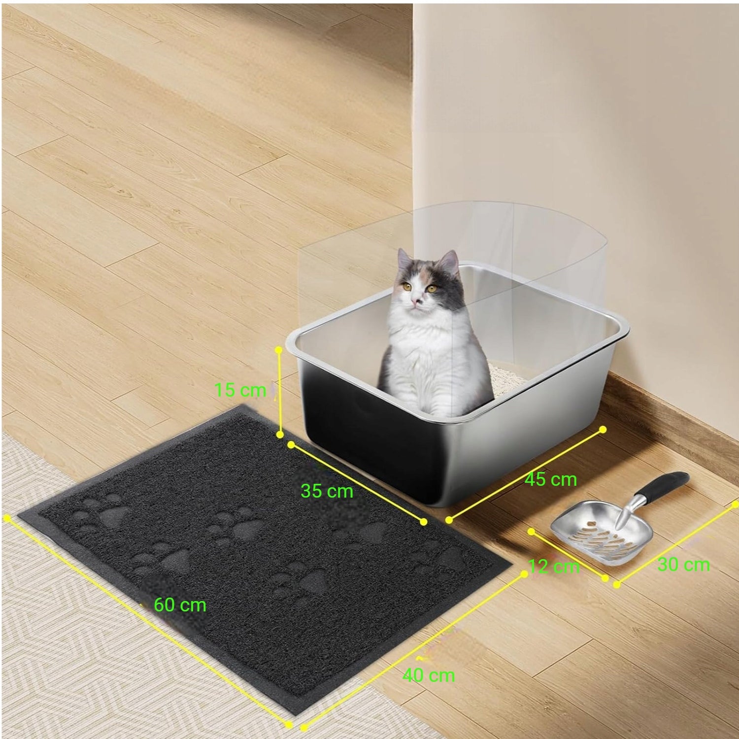 Stainless Steel Cat Cuvette Set Dustpan Mat Covered 45x35x15cm Length 45 cm