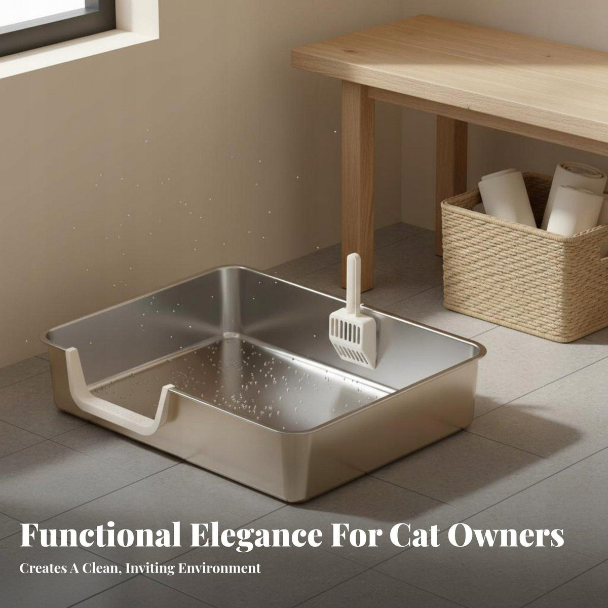 Stainless Steel Cat Litter Box Uncovered Spacious Design for Xl-2 Beige Packaging status original