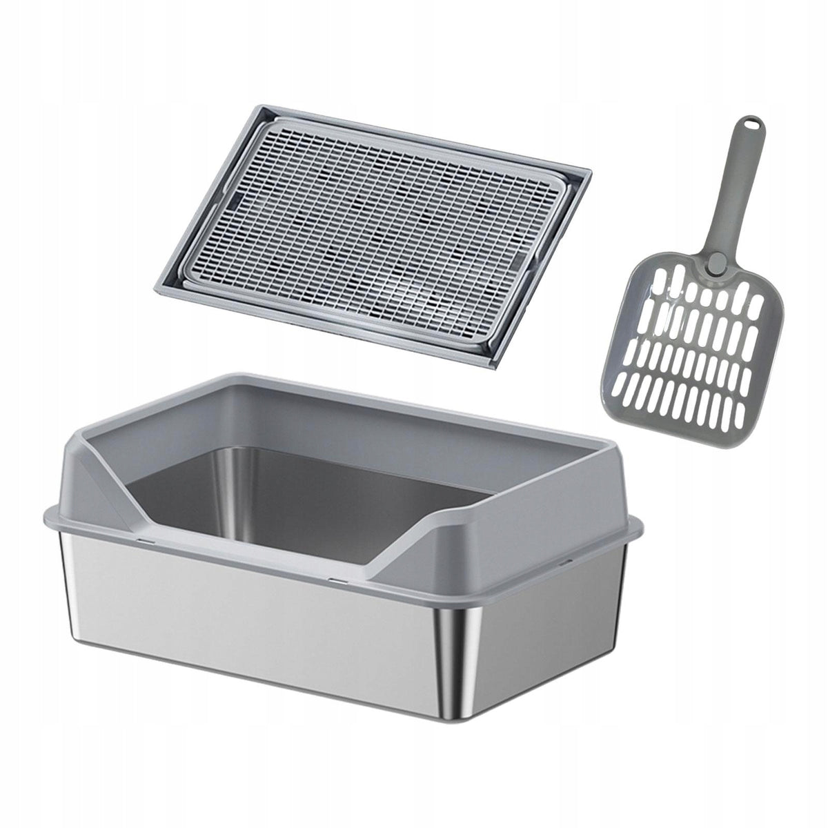 Stainless Steel Cat Litter Box with Lid Cat Sand Basin Light gray short