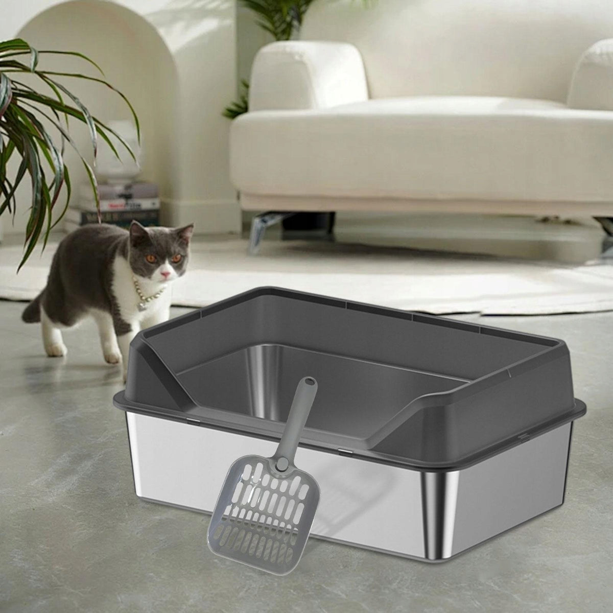Stainless Steel Cat Litter Box with Lid Cat Sand Basin black high