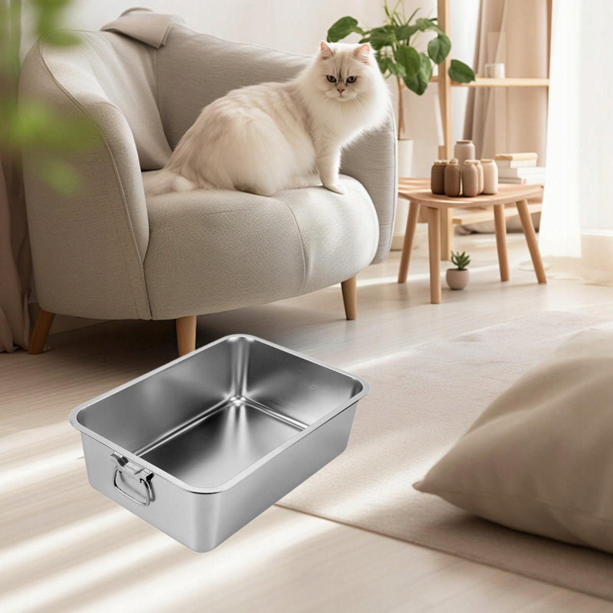 Stainless Steel Litter Box Cats Litter Container High Sided Cat Sand Box M