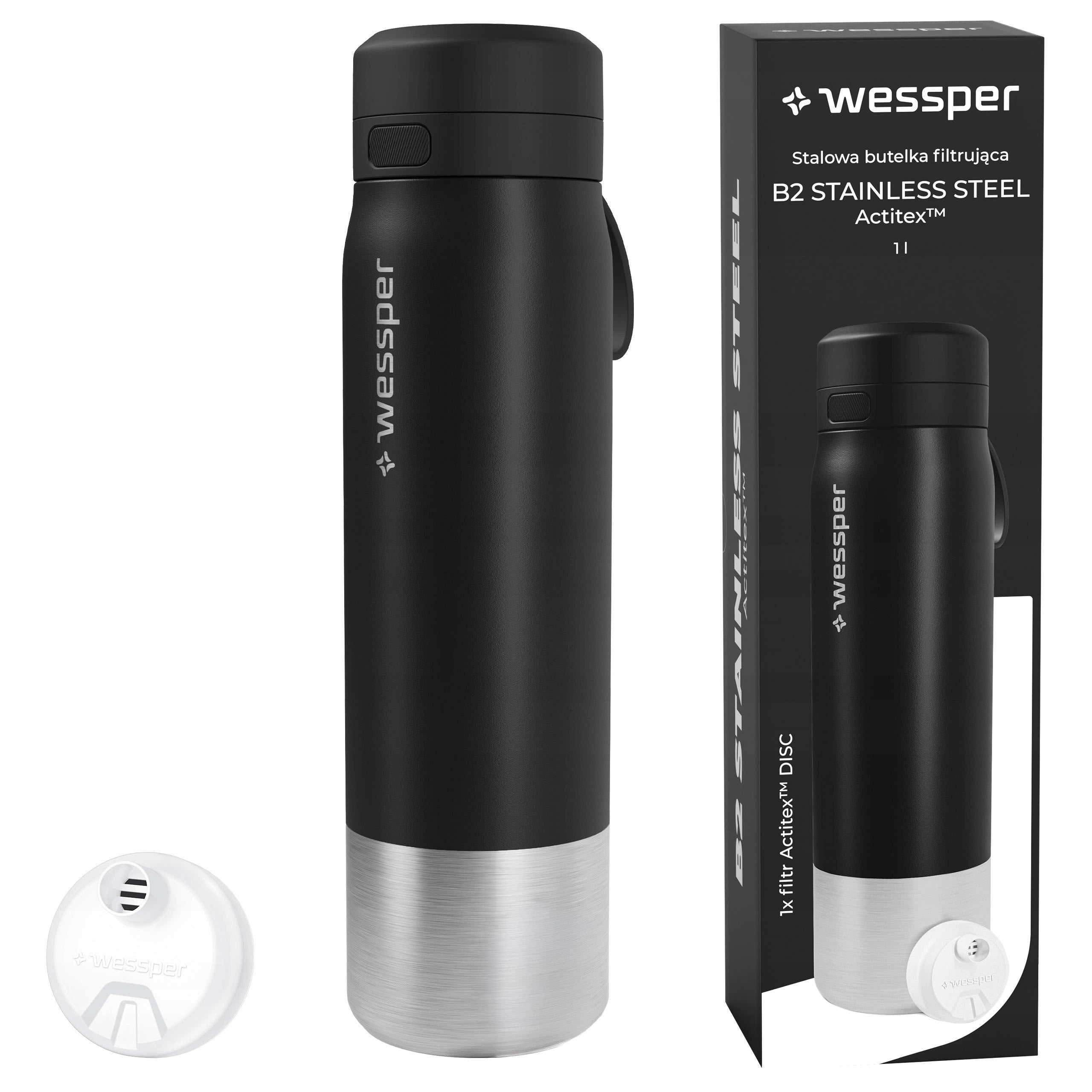 Stainless steel water bottle 1L Filter bottle Wessper B2 black