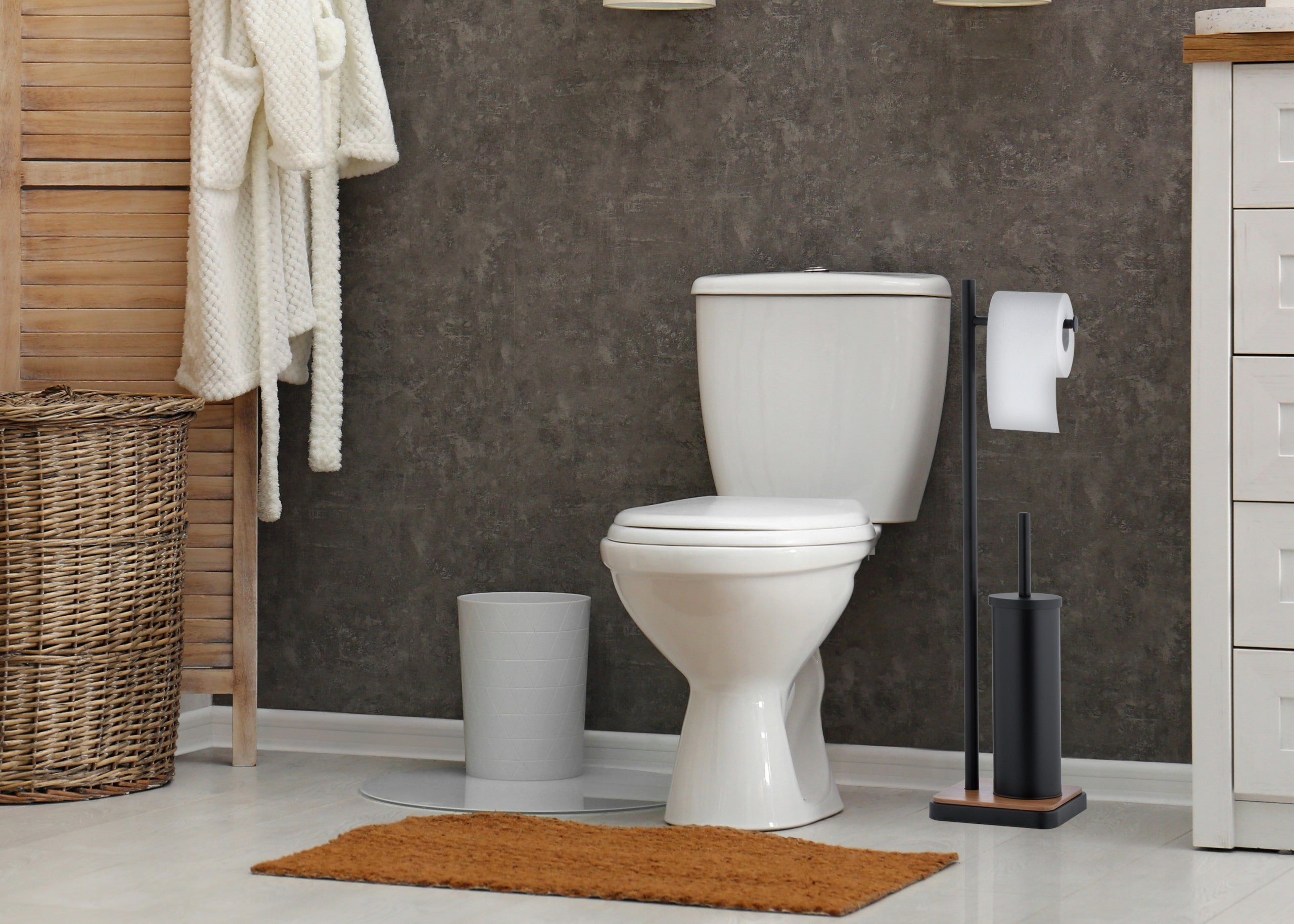 Stand Holder Toilet Paper Hanger and Toilet Brush Black Bamboo Packaging status original