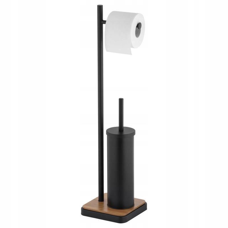 Stand Holder Toilet Paper Hanger and Toilet Brush Black Bamboo