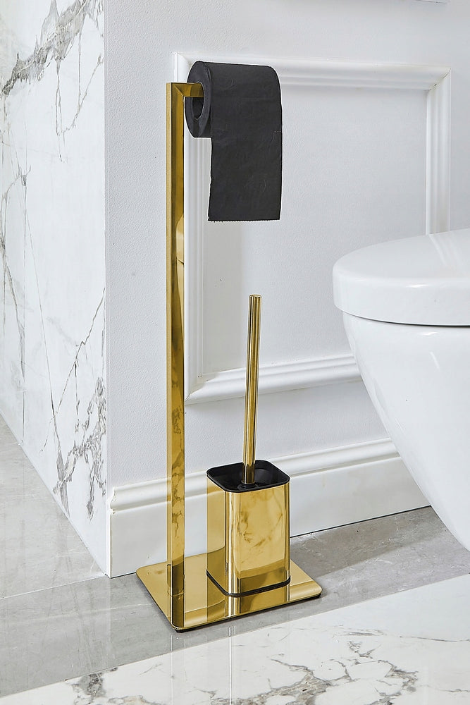 Stand Toilet Paper Holder with Toilet Brush Gold Metal Bathroom Packaging status original