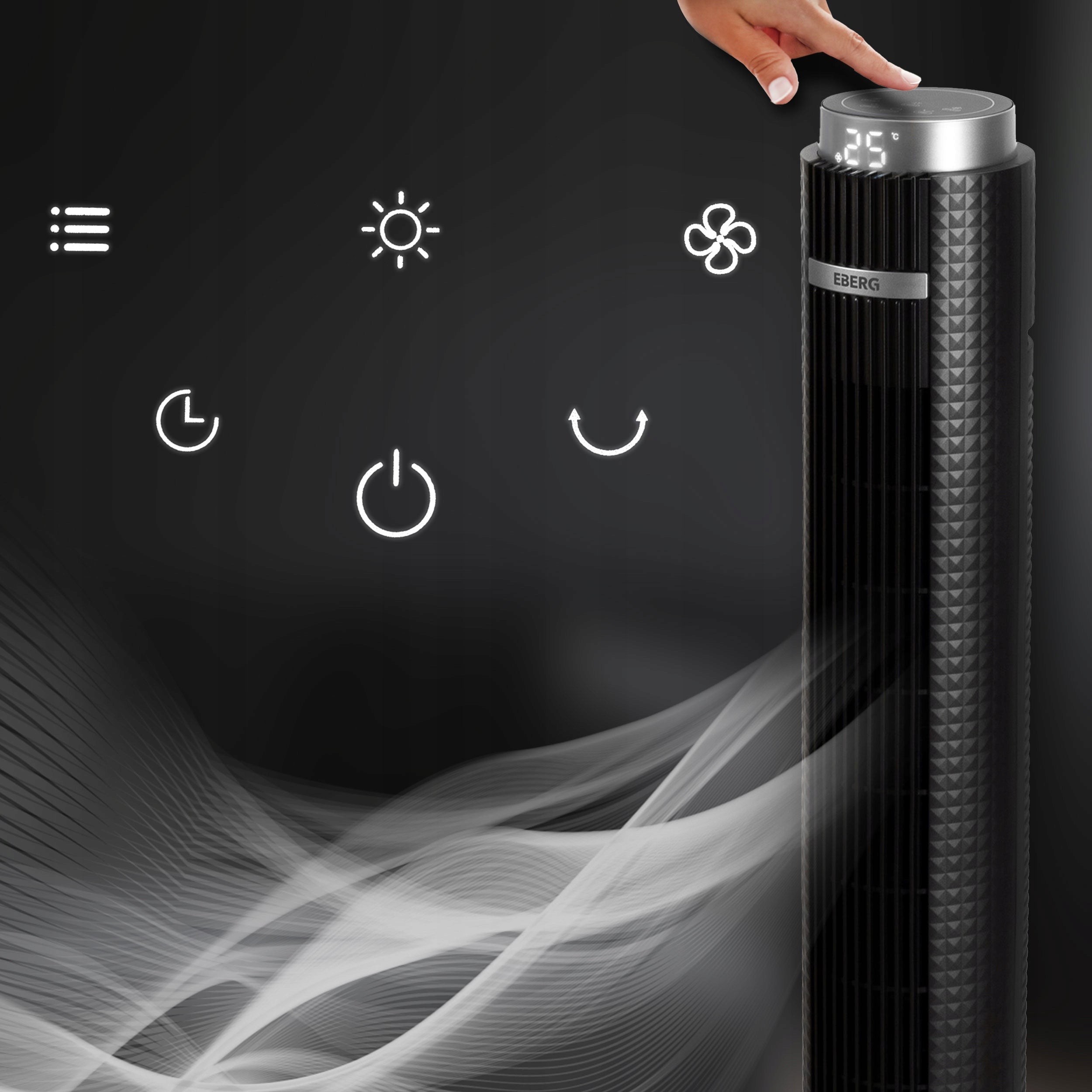 Standing column fan EBERG floor fan 117cm IONIZATION +AROMA Model Wentylator kolumnowy EBERG ELIF cichy LED + olejek