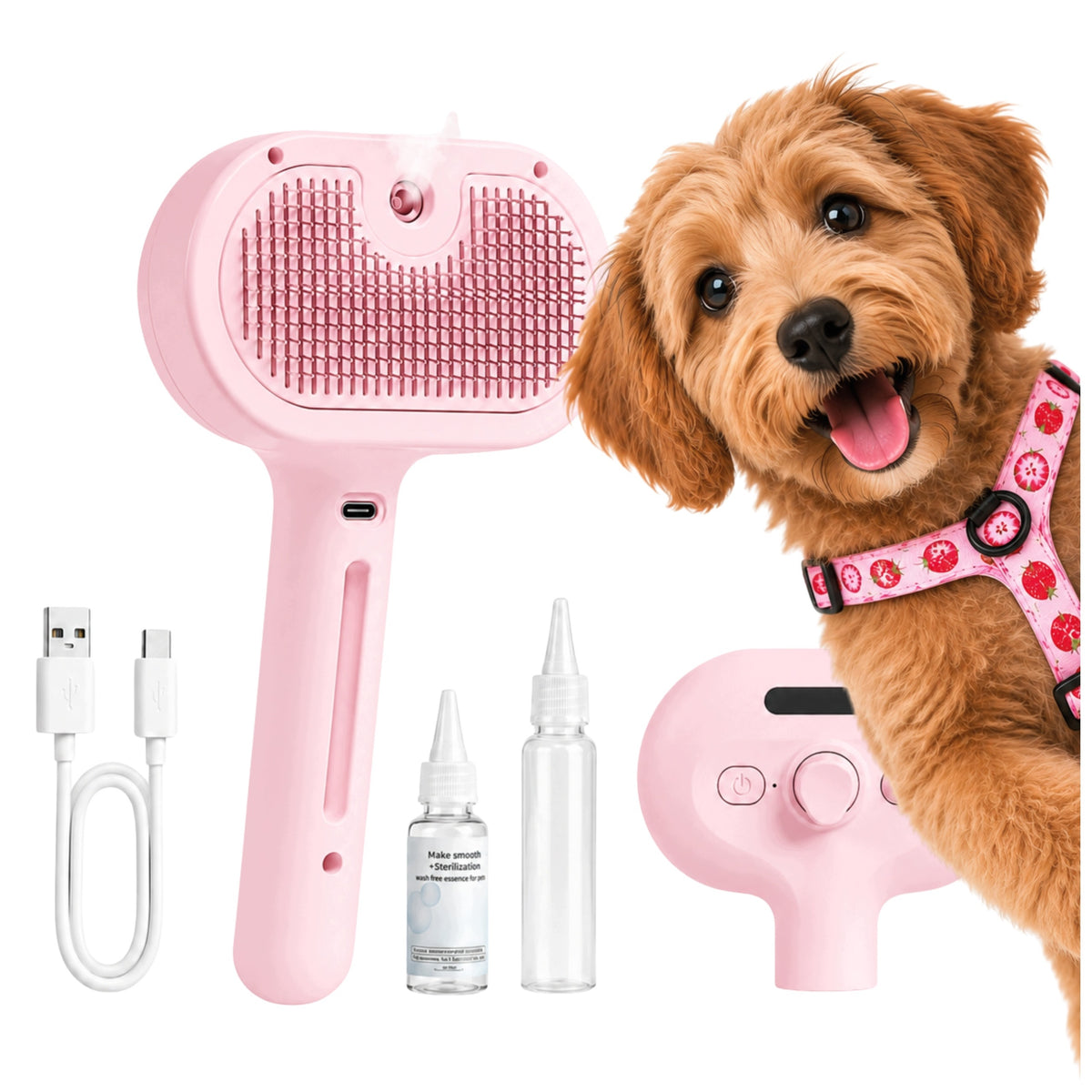 Steam Brush For Dog Cat Animal Care Pink USB + OIL