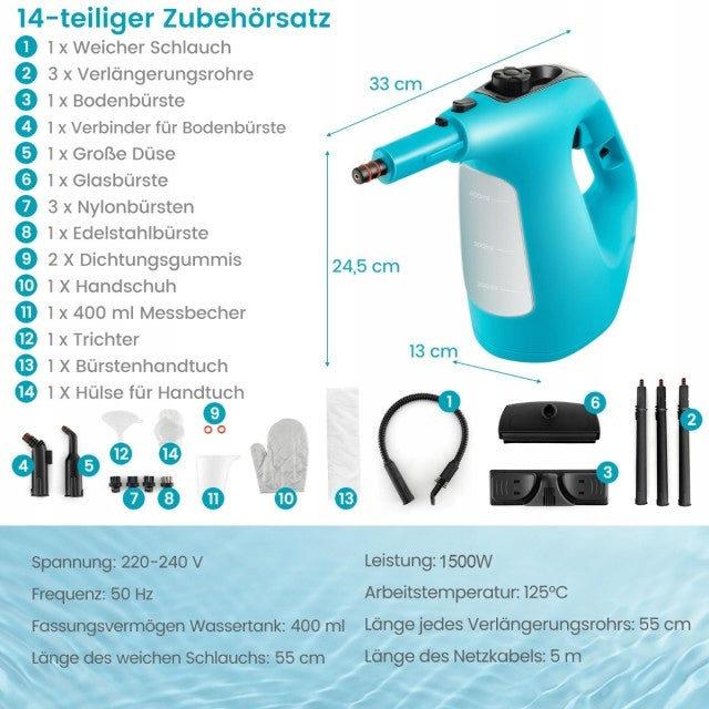 Steam cleaner, compact - manual 1400W / 2 bars / 400ml + accessories Packaging status original