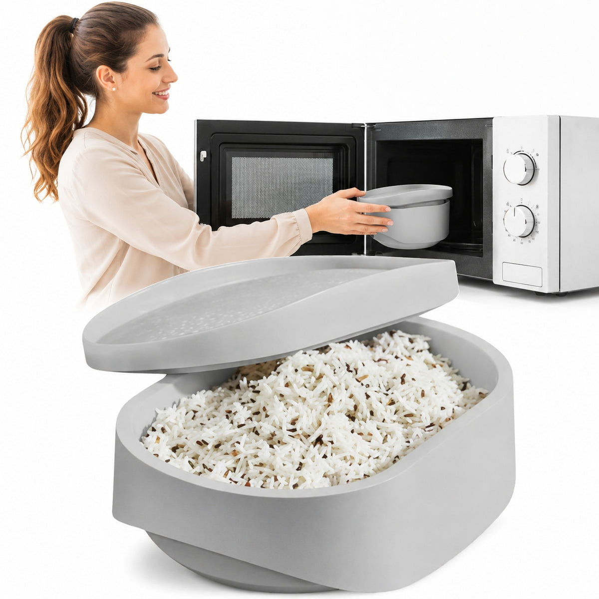 Steamed Rice Cooking Container in Microwave Quick Fresh Meal