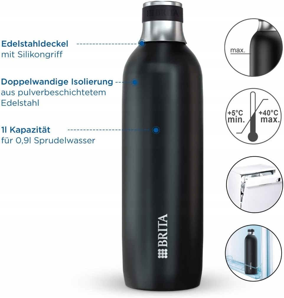 Steel black insulated thermal bottle 1l for saturator BRITA sodaTRIO Product weight with unit packaging 0.52 kg