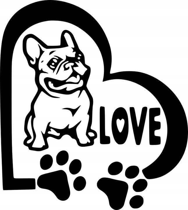 Sticker without background for car BULLDOG FRENCH heart paws 15 x 13,5 cm