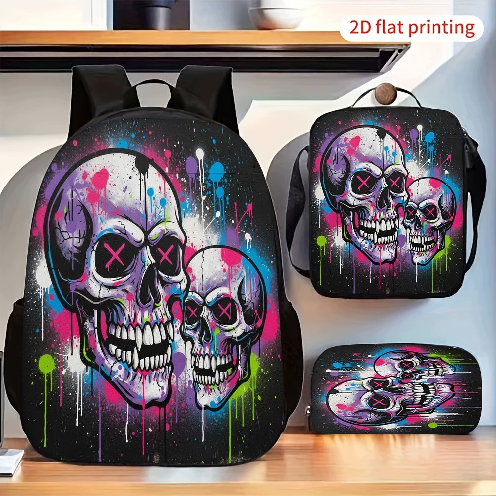 Street Graffiti Skull Ink Splatter 3pc Backpack Set Casual Portable Carry