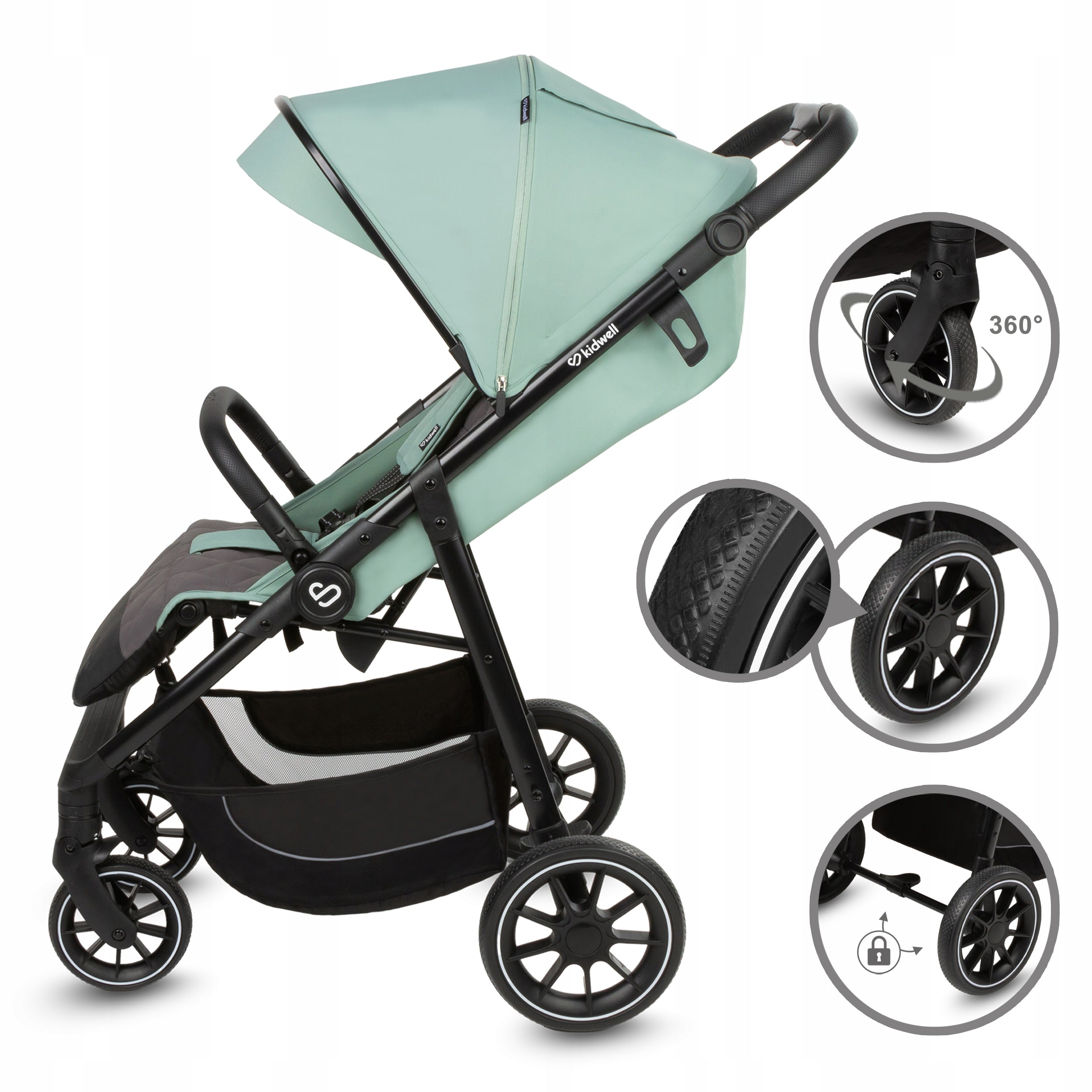 Stroller Kidwell ENZO green booth XXL warmer large wheels up to 22kg Brand Kidwell