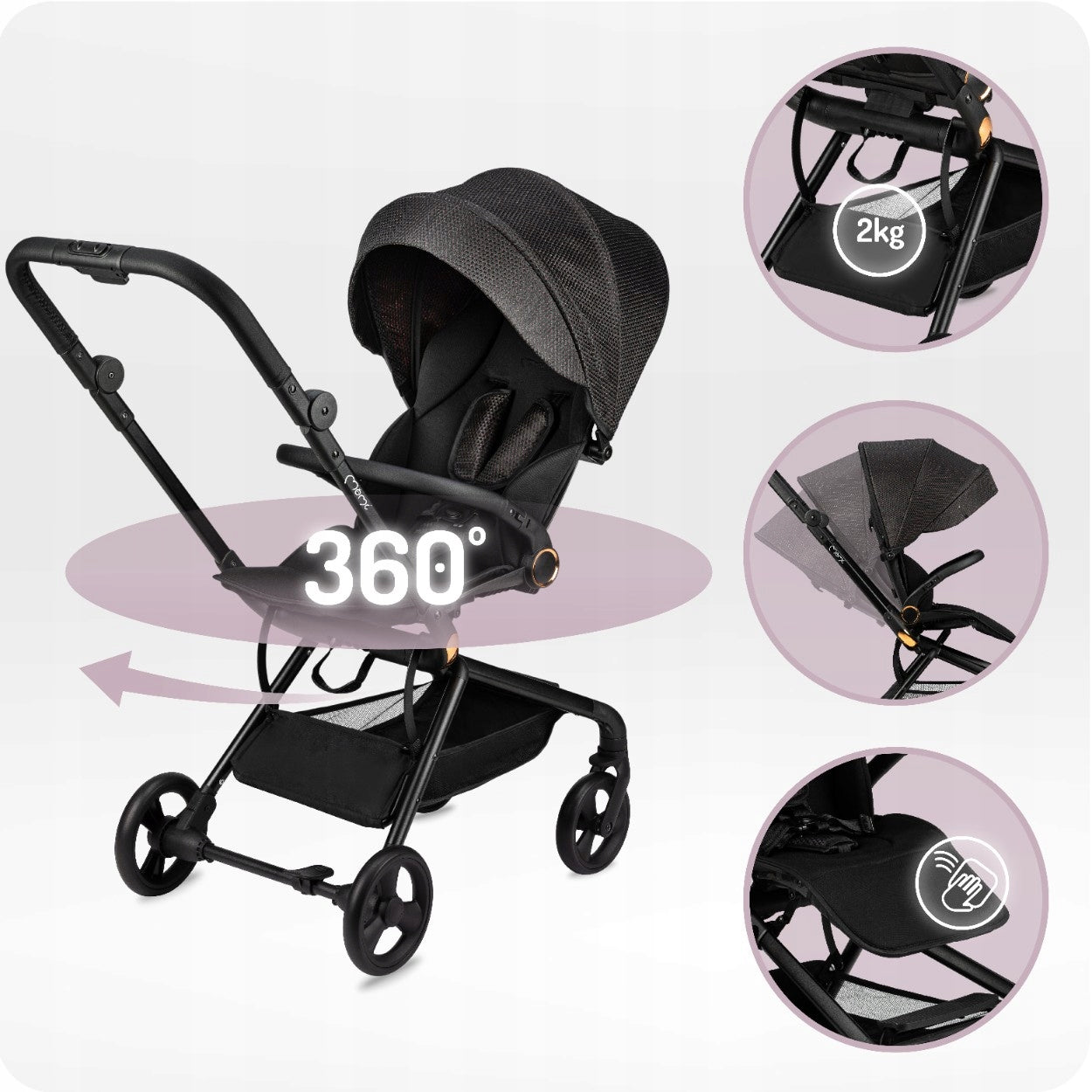 Stroller MoMi ADELLE black - lightweight folding front rear 360 to 22kg Packaging status original
