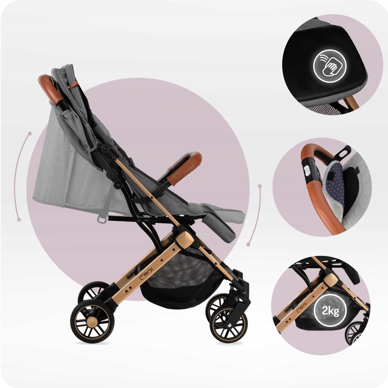 Stroller MoMi ESTELLE grey gold - lightweight folding compact suitcase Manufacturer code WOSP00018
