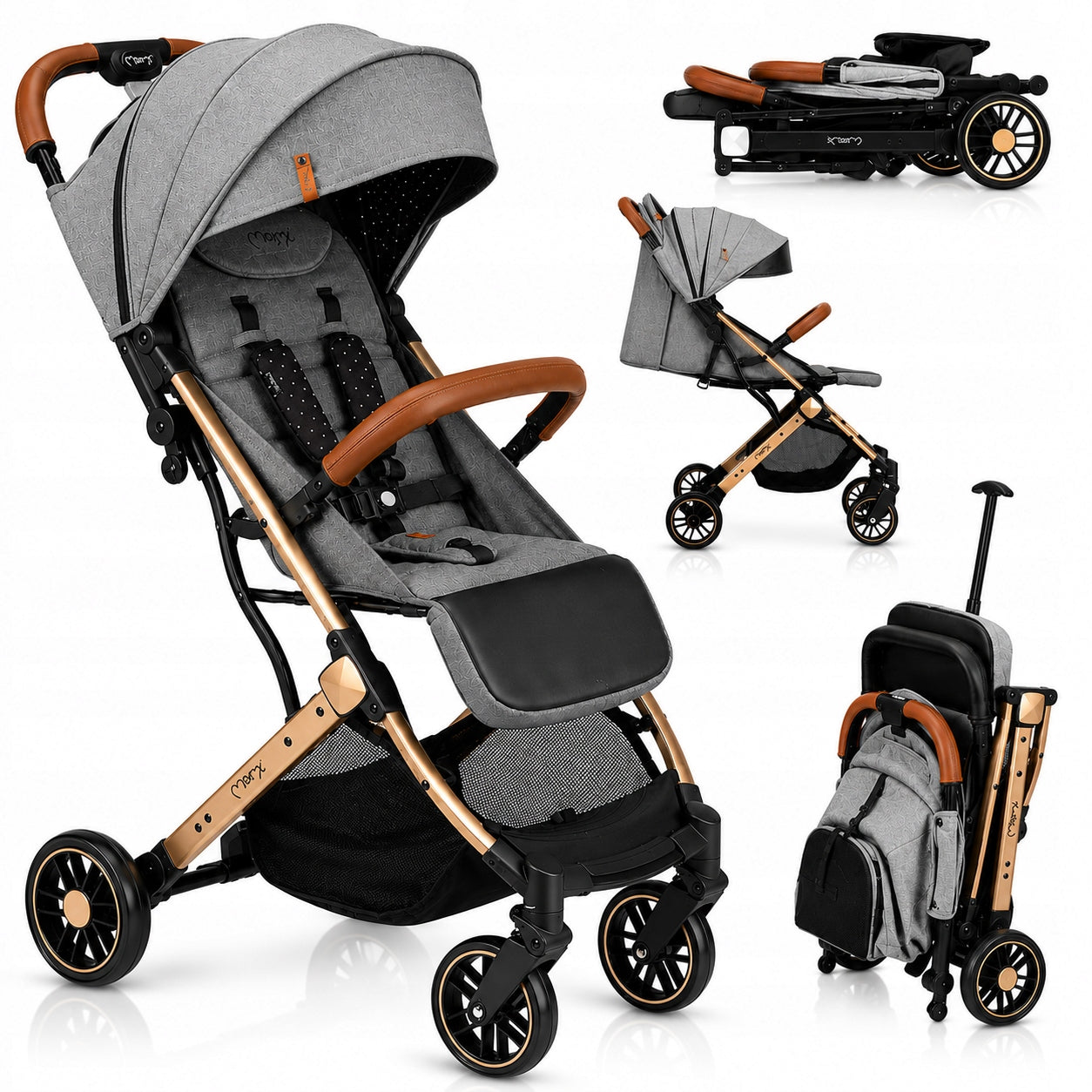 Stroller MoMi ESTELLE grey gold - lightweight folding compact suitcase