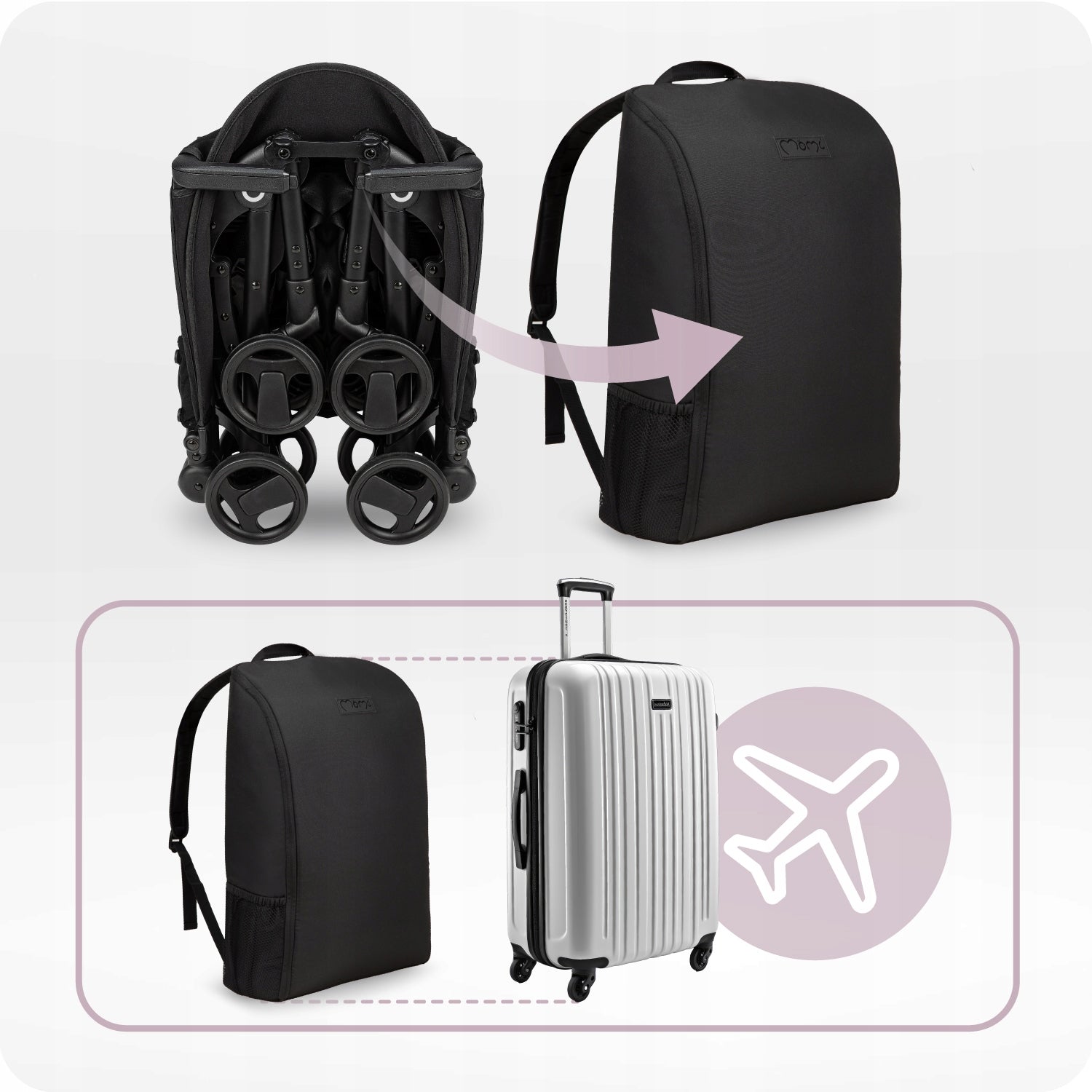 Stroller MoMi GRACE black - lightweight foldable compact backpack Packaging status original