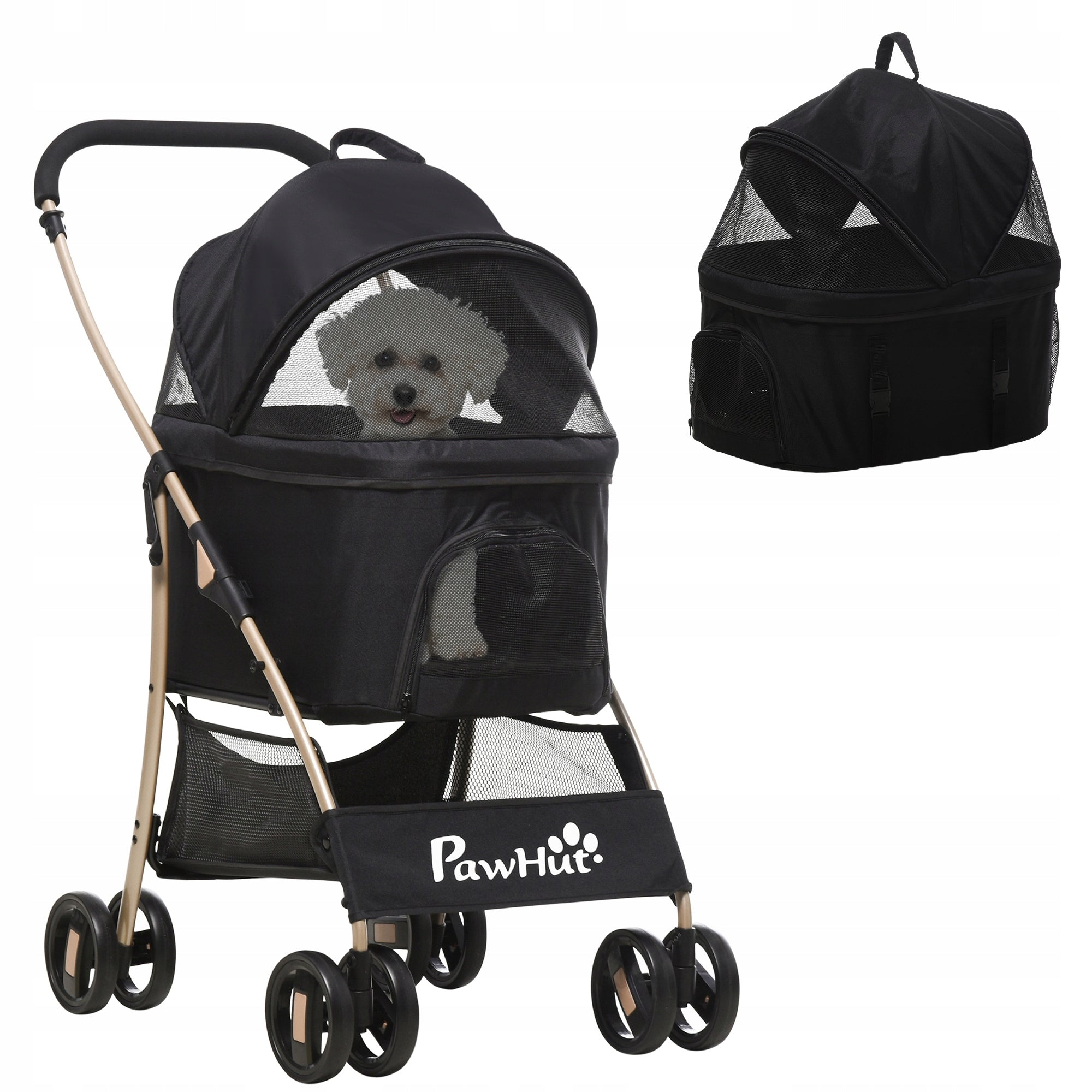 Stroller for Animal Cat Dog Transport with Basket Detachable Black