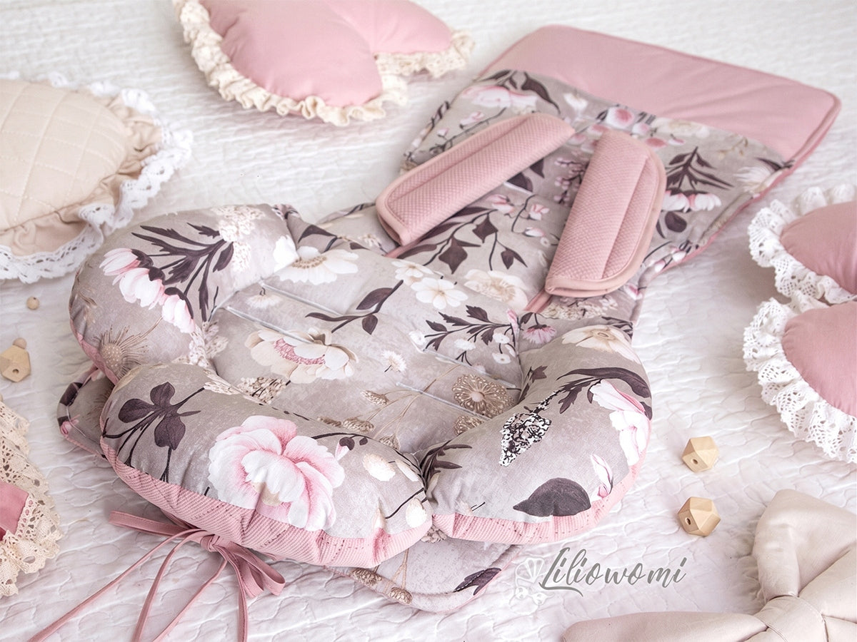 Stroller insert universal VELVET pillow flower + belt covers Medical device no