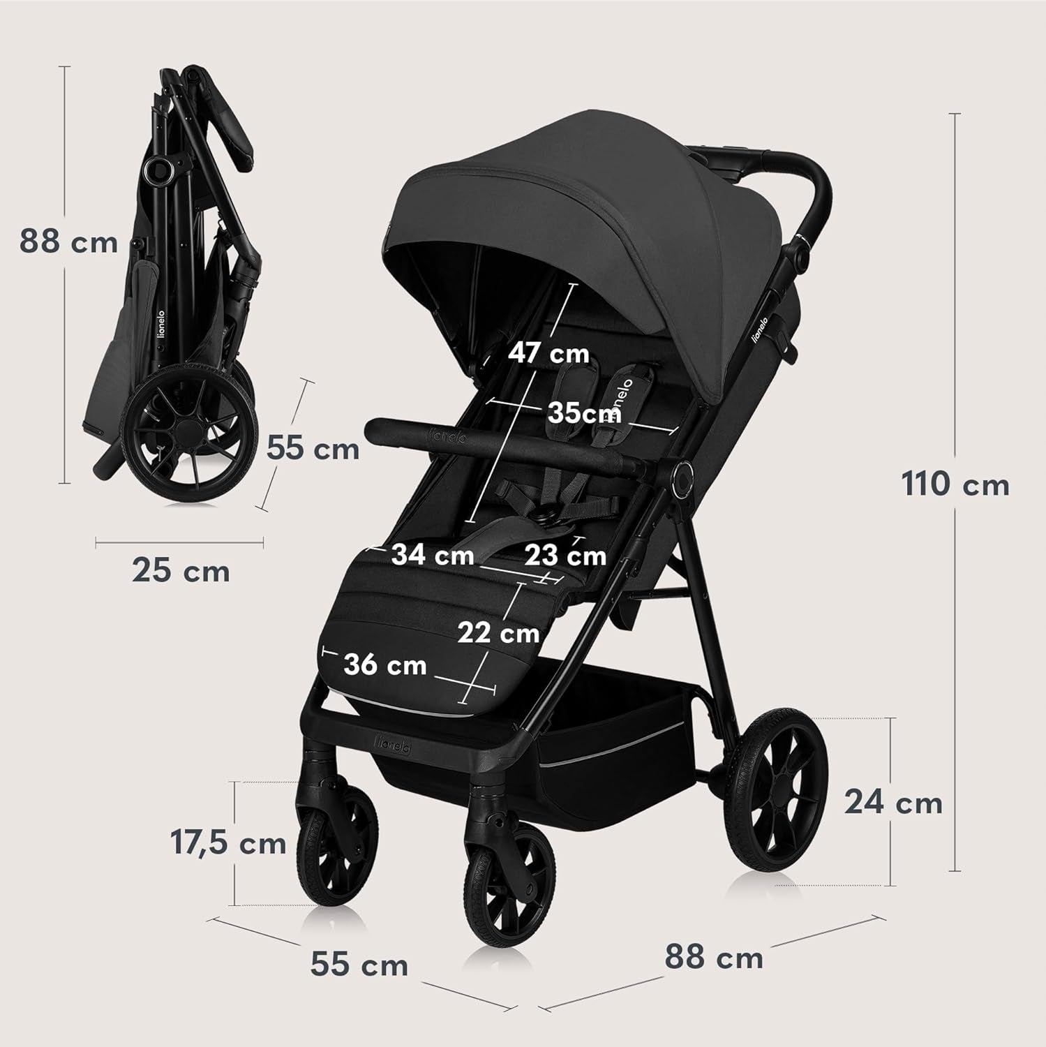 Stroller up to 22kg Lionelo LO-MIRA GREY GRAPHITE Color shades of gray and silver