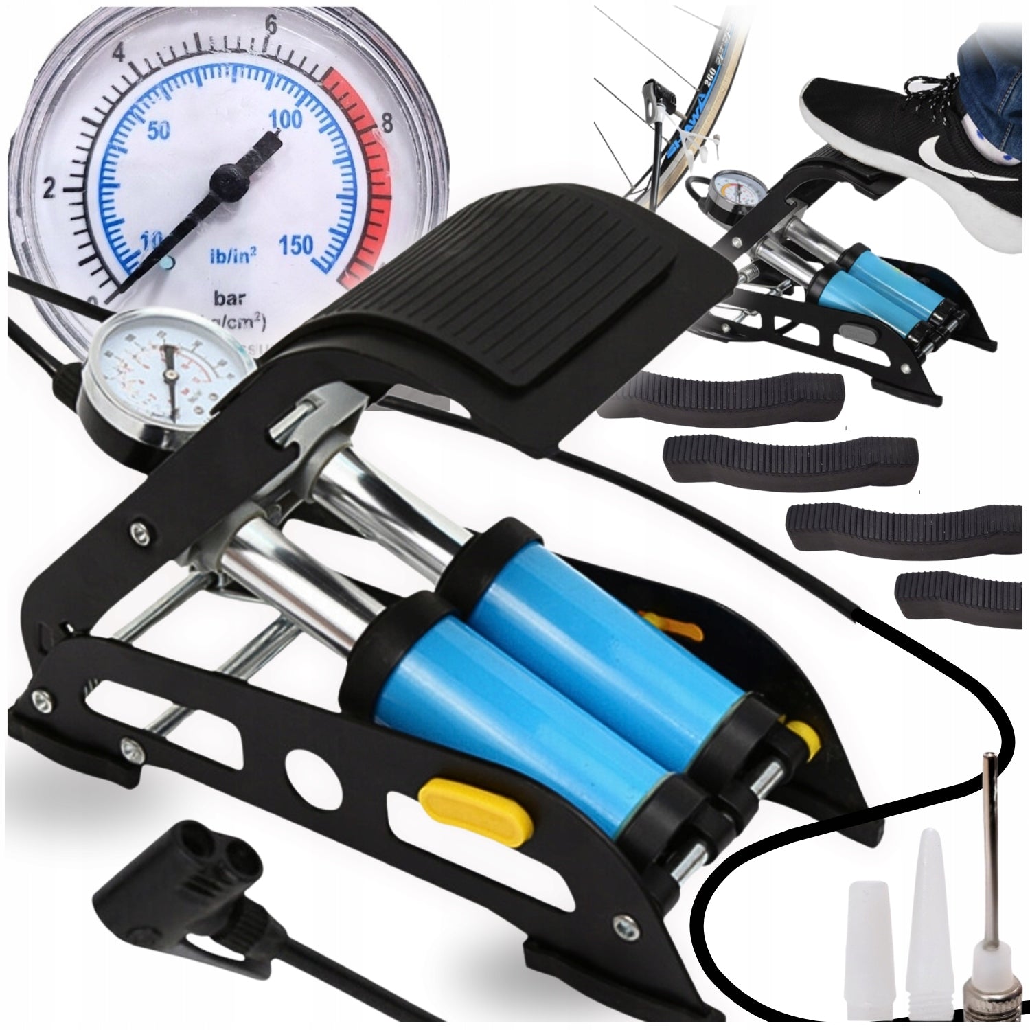 Strong foot pump with bicycle pressure gauge car bike mattress ball