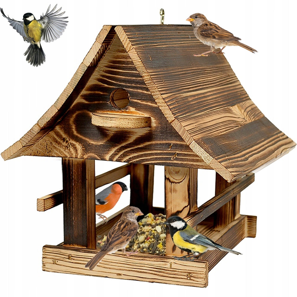 Sturdy XXL Wooden BIRD FEEDER + Tanned Wood HOOK 25x26x30CM