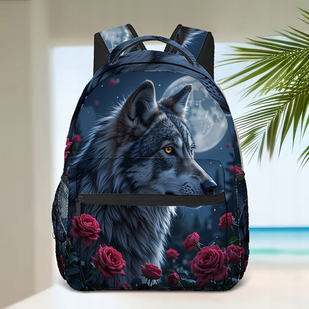 Stylish Lightweight Wolf Galaxy Moonlit Roses Print Backpack