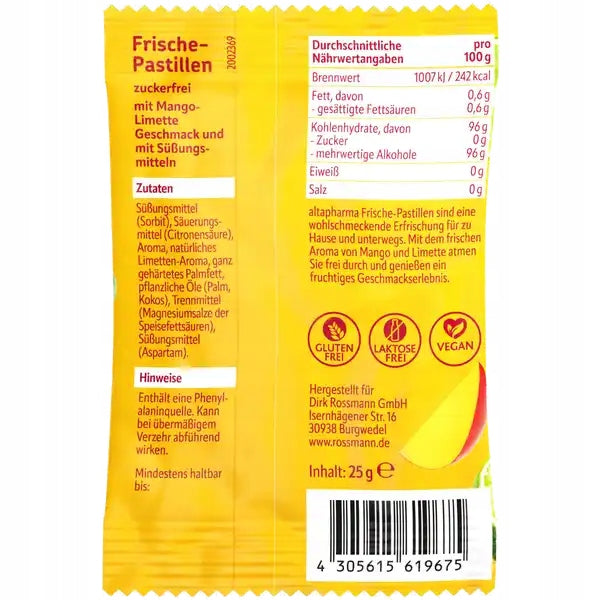 Sugar Free Mango Lime Lozenges Gluten Free Lactose Free Lozenges Manufacturer code 4337185338236