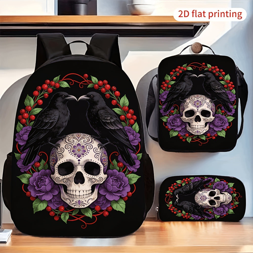 Sugar Skull Crow Print Backpack Set with Lunch Bag and Pencil Case