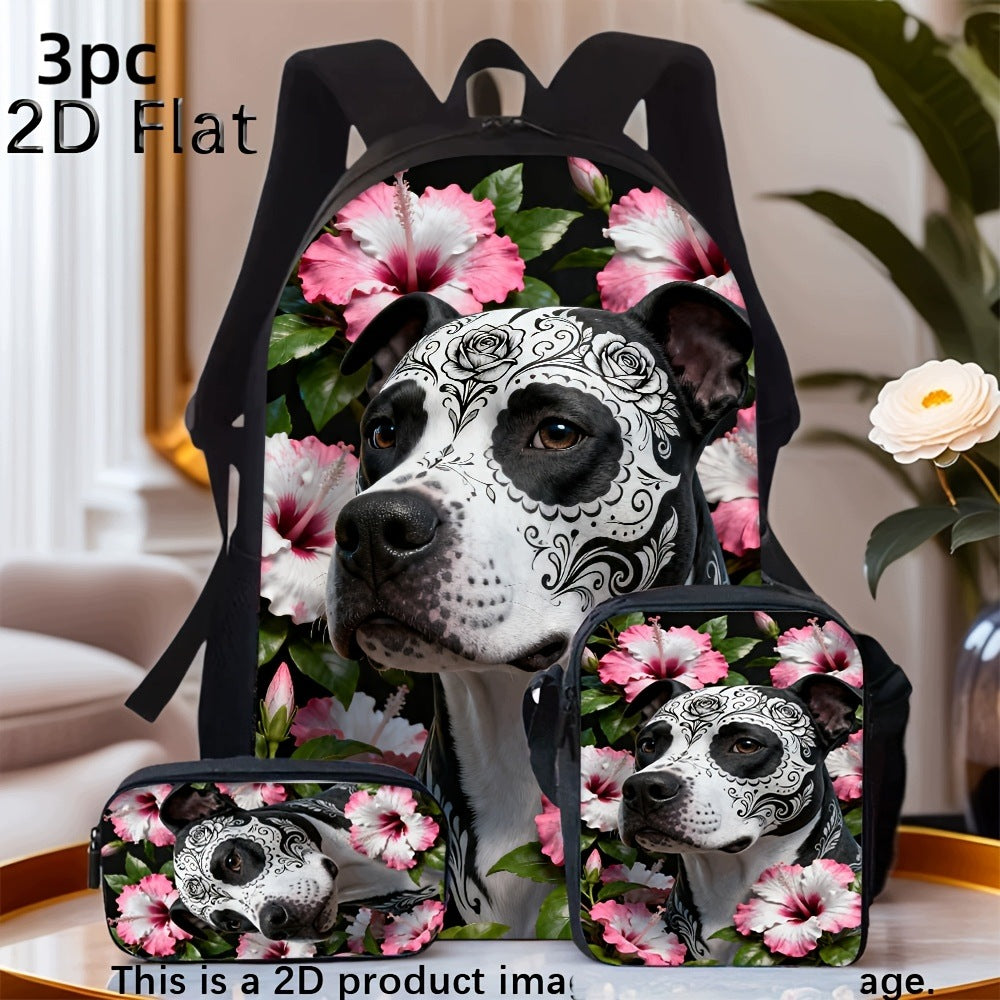 Sugar Skull Dog Hibiscus Flower 3pc Backpack Set with Crossbody Bag and Pouch