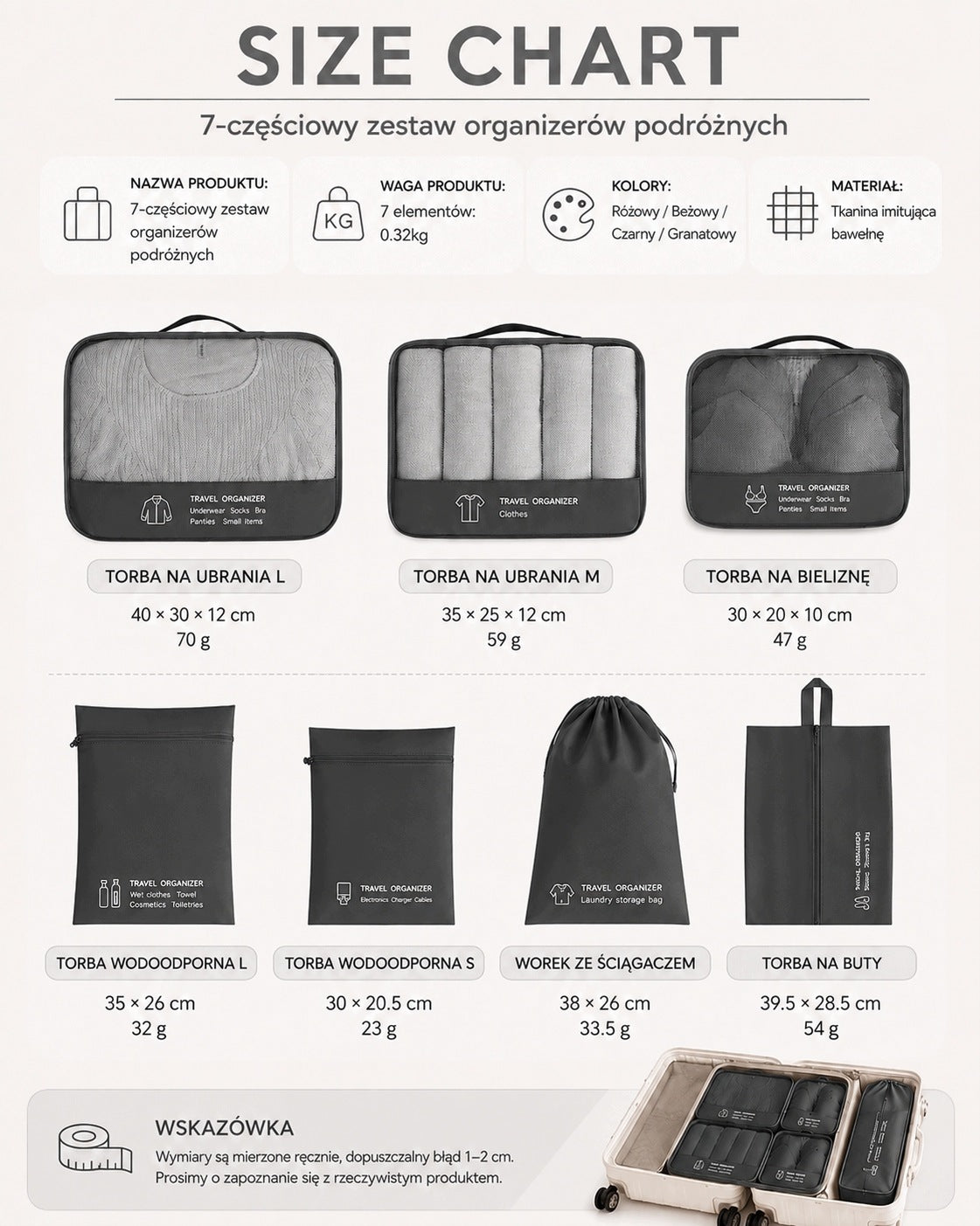Suitcase Organizers 7el.Travel Set Luggage Packing Cubes-Black