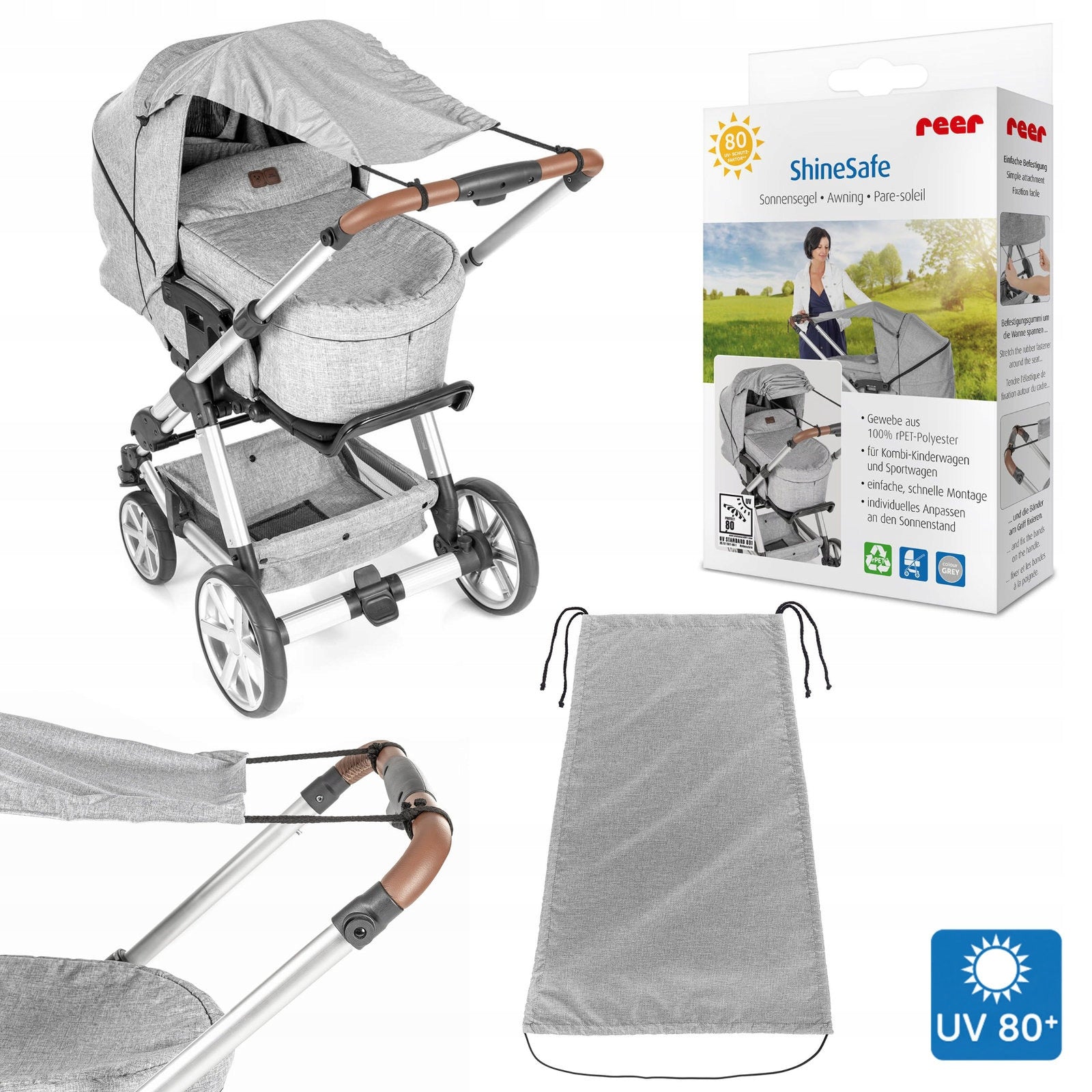 Sun visor for stroller grey UV UPF 80+ ShineSafe REER Packaging status original