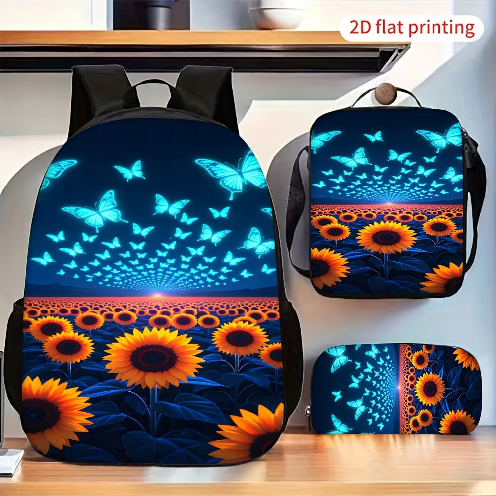 Sunflower Butterfly Print 3-Piece Backpack Set with Lunch Bag and Pencil Case