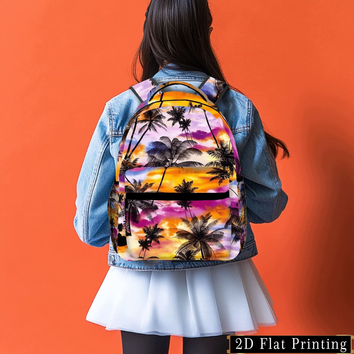 Sunset Coconut Tree Print Student Backpack, Hand Washable, Large Capacity