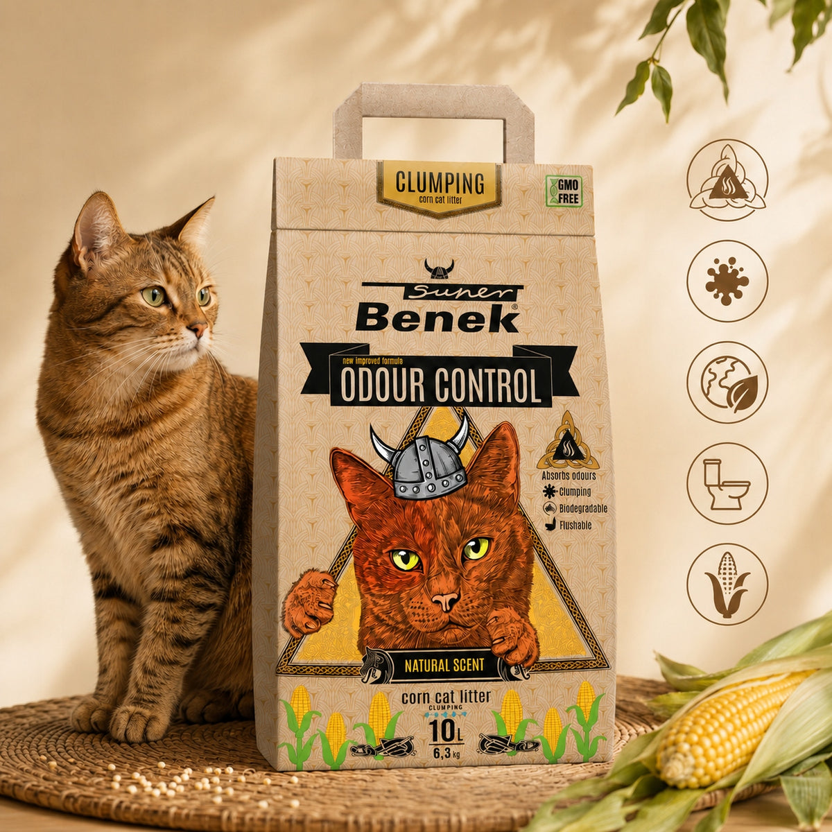 Super Benek Corn Cat Odour Control Clumping Corn Litter 2x10L Packaging status original