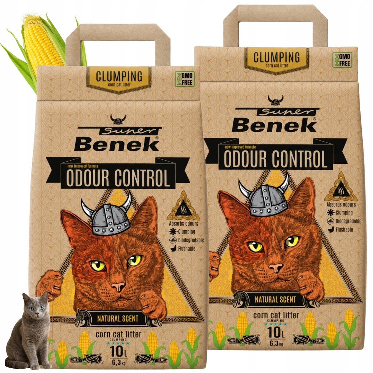 Super Benek Corn Cat Odour Control Clumping Corn Litter 2x10L