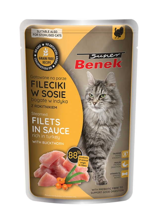 Super Benek grain-free fillets with turkey and sea buckthorn in sauce 85g