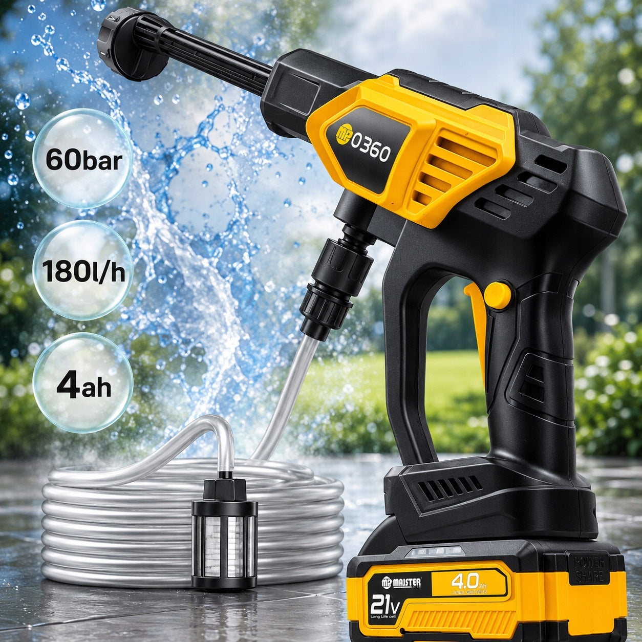 Super PRESSURE WASHER Cordless Electric POWERFUL 60 bar + 2 BATTERIES Manufacturer code MP-0360N