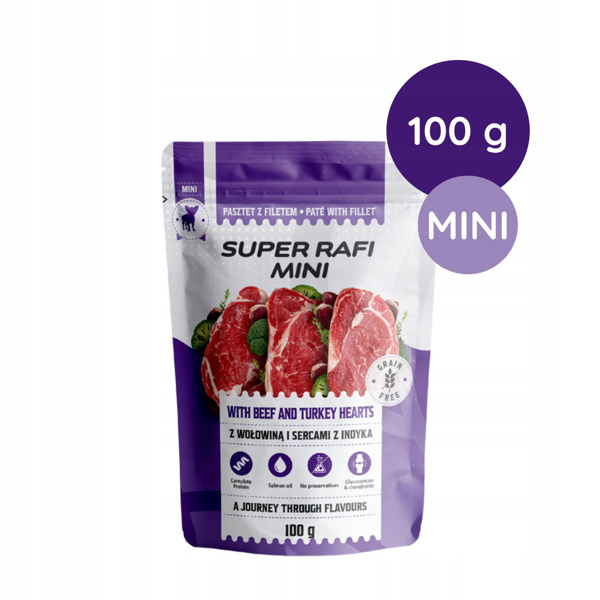 Super Rafi MINI with beef and turkey hearts 100g Packaging status original