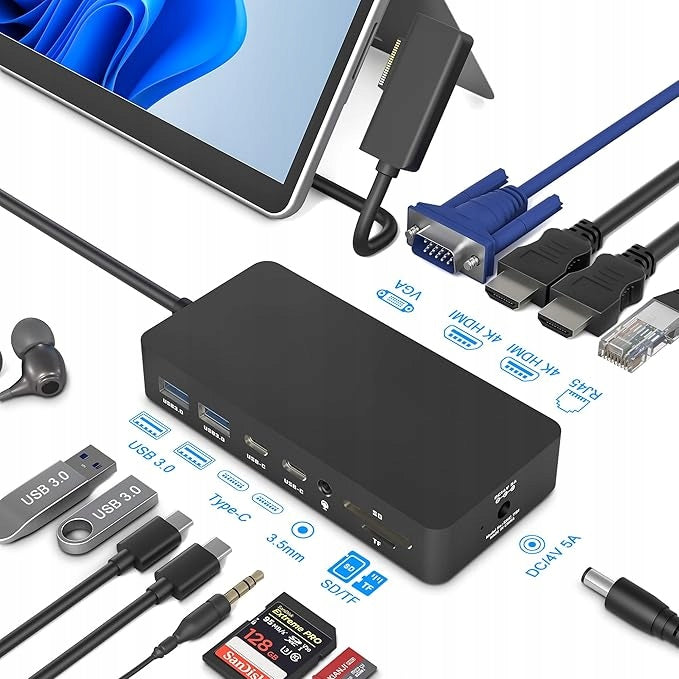 Surface 12w1 2xHDMI VGA Docking Station Triple Screen Pro Laptop Book
