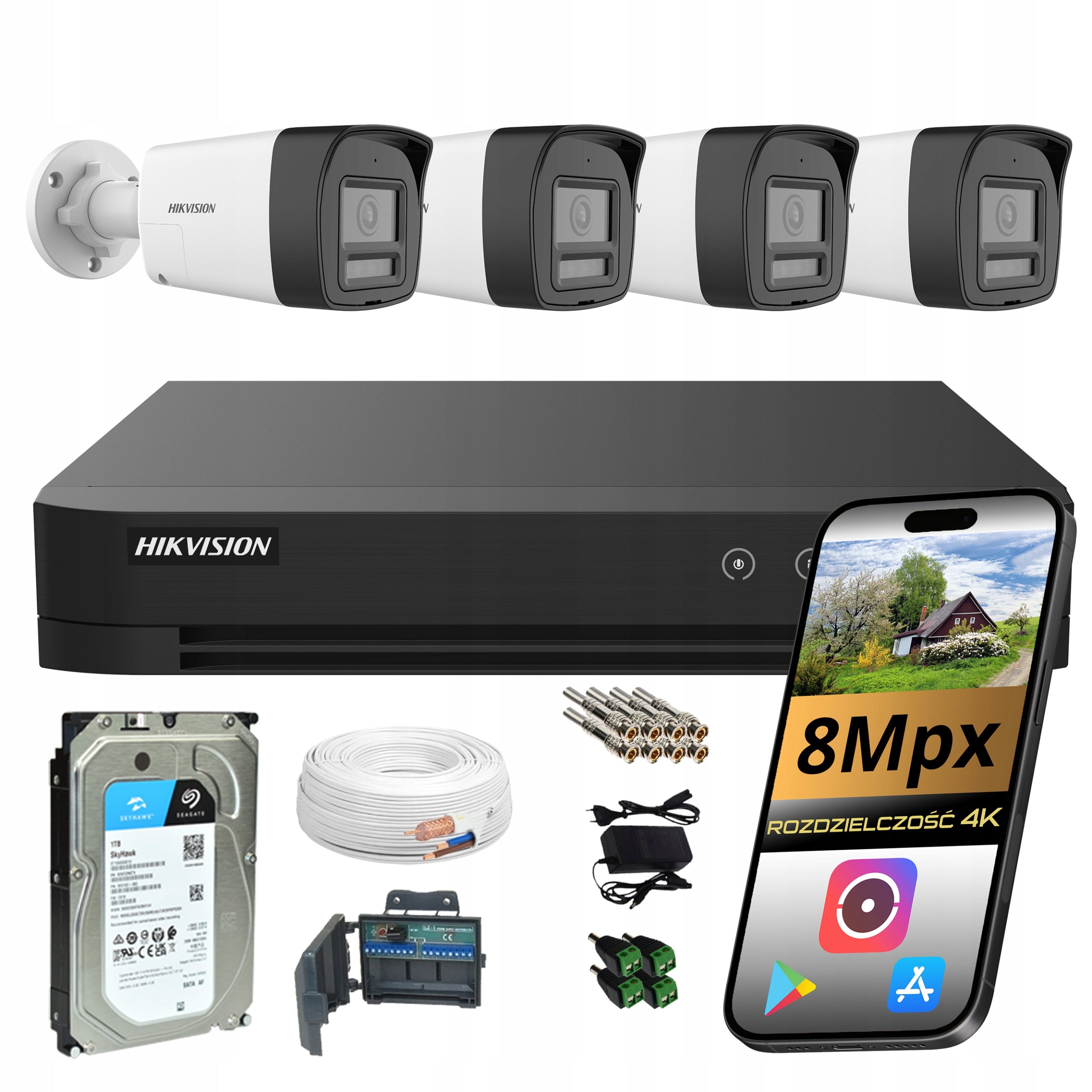 Surveillance kit 4 cameras hikvision AI 4K 8Mpx color at night Disk 1TB